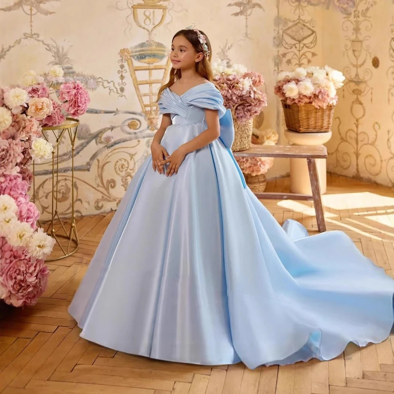 Girls Blue Pageant Dress with Train Flower Girl Birthday Performance Gown Piano Recital Party Children Formal Gown Wedding Show