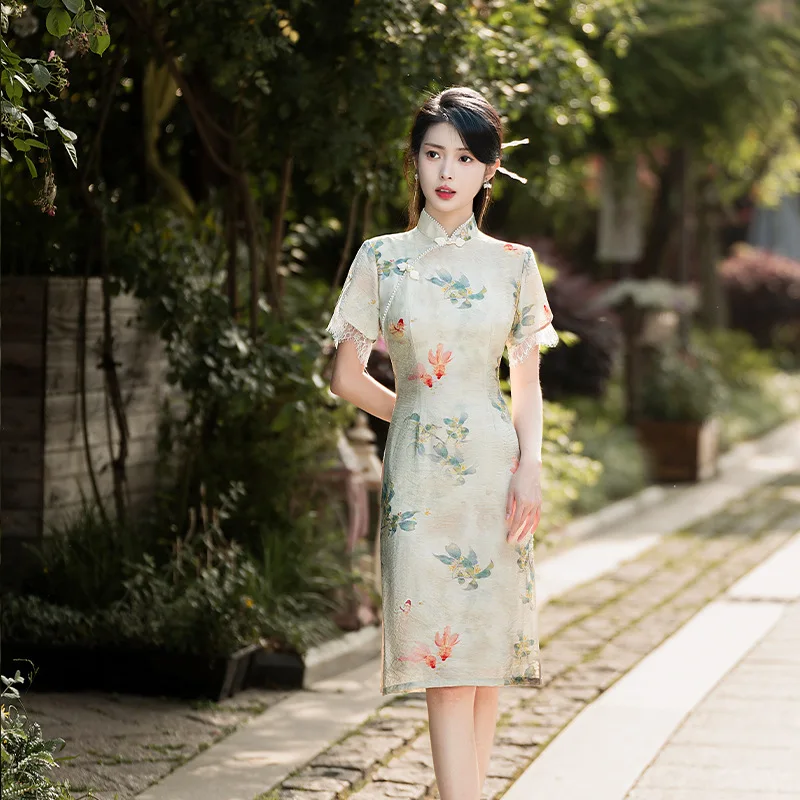 Yourqipao Summer Ramie Cheongsam Young Fairy Skirt Double-layer Gentle Photograph Qipao Chinese Style Evening Dress for Women