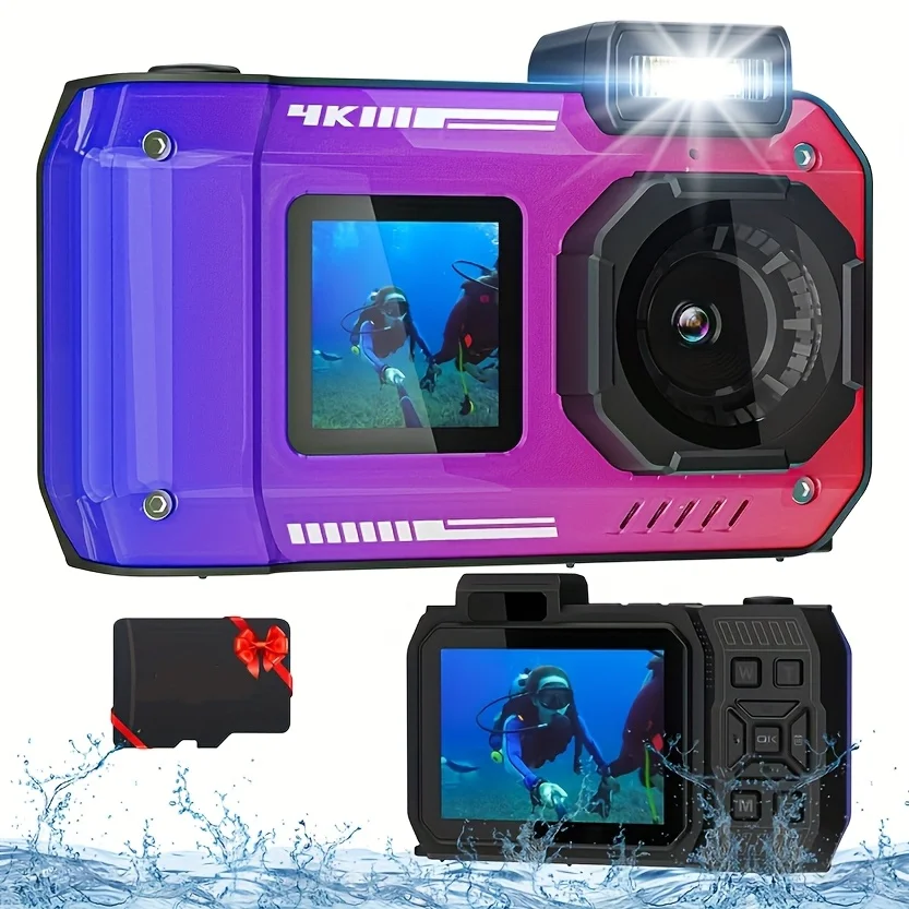 4K 33FT digitale wasserdichte Kamera, 48MP Unterwasserkamera, langlebiges, stoßfestes Tauchen, Selfie-Dual-Screen mit 32G-Karte