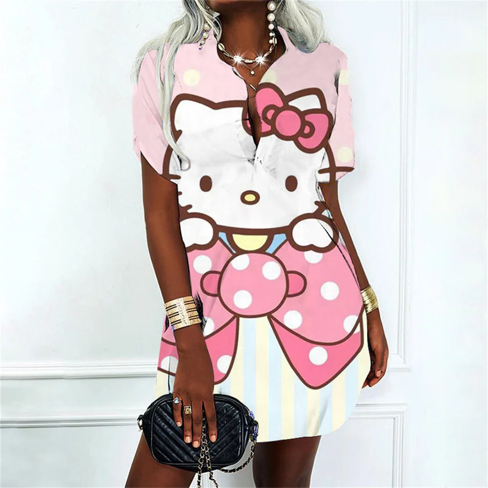 Women\'s Dress Party Dresses Hello Kitty Polo Shirt Kawaii Clothes Lovely Cartoon Prom Gown Streetwear Sexy Costume Women Fashion