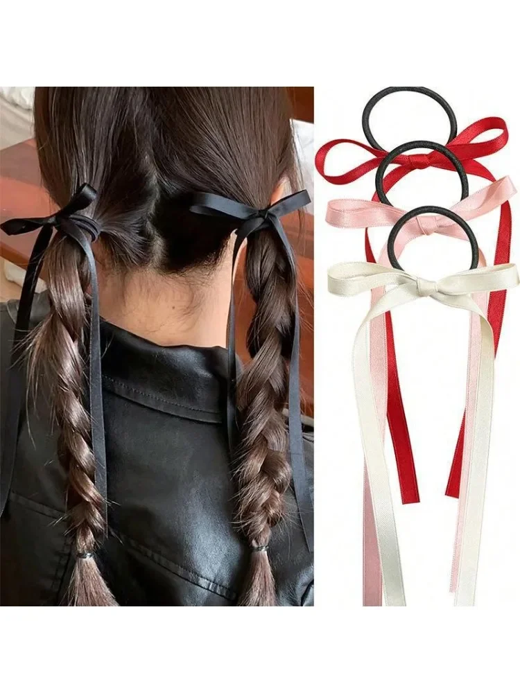 Corde à cheveux avec nœud papillon, ruban long, cravates en queue de cheval, élastiques, accessoires pour cheveux, 2 pièces par ensemble