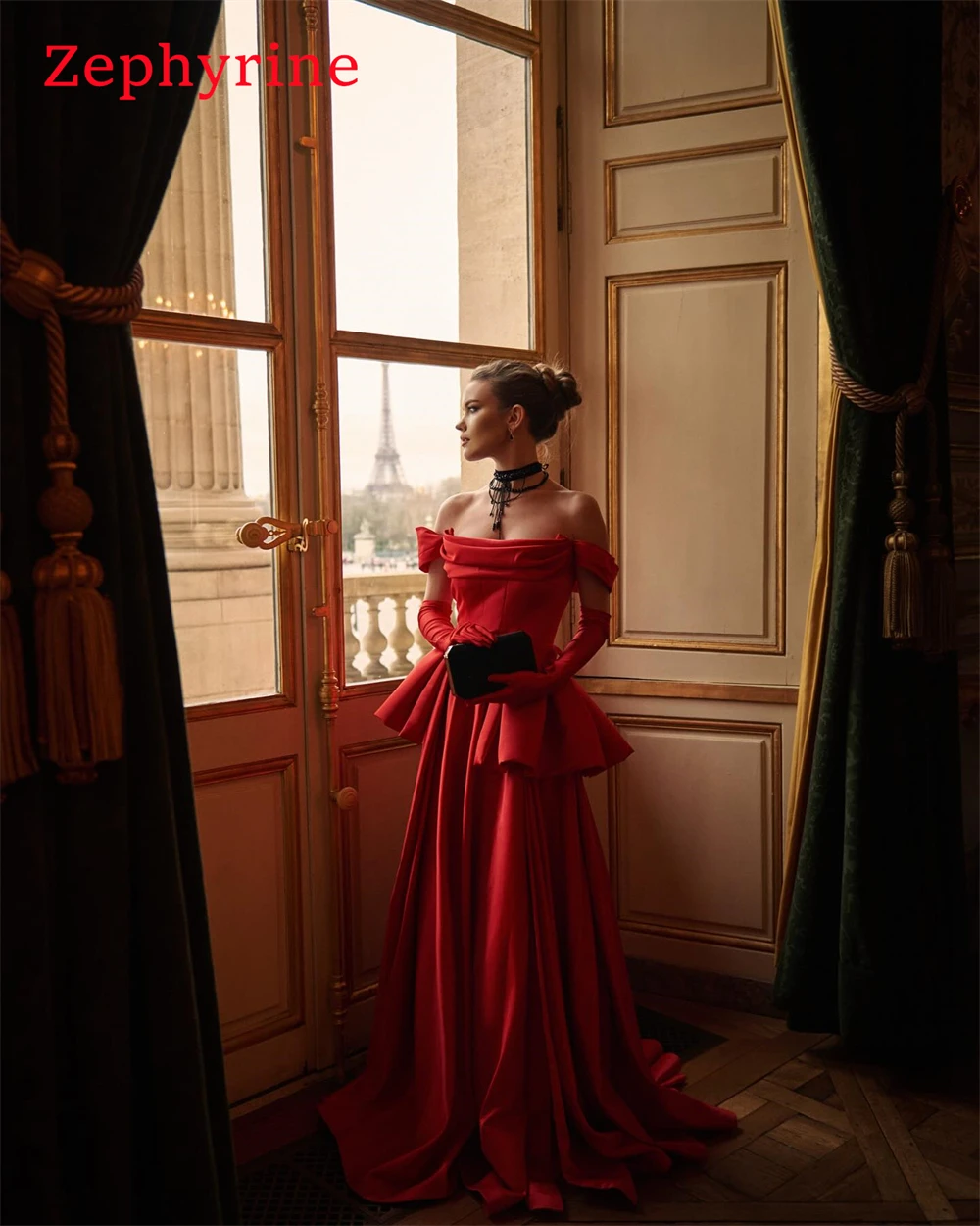 Personalizado simples vestido de noite de cetim vermelho elegante fora do ombro manga destacável vestidos de baile modernos vestidos de festa