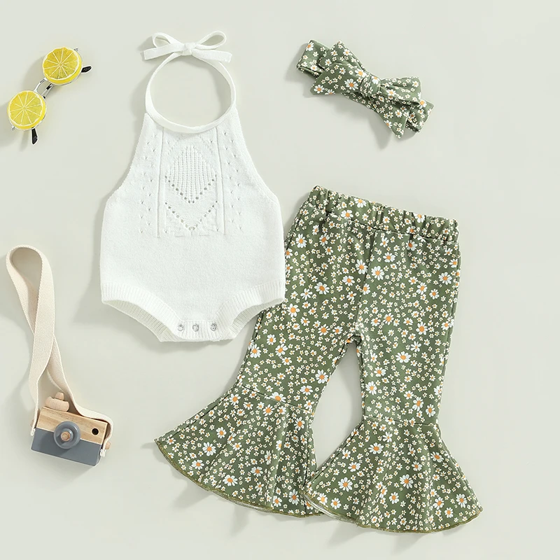 

0-24M Baby Girls Summer Clothes Set Newborn Infant Sleeveless Halter Knit Romper Floral Flare Pants Headband Baby Outfits Set