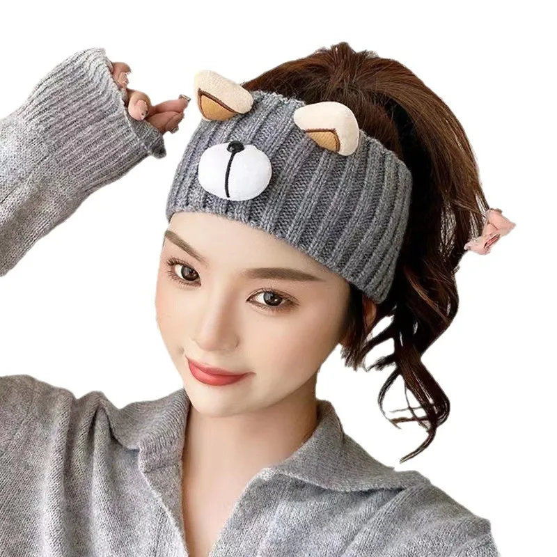 

Cute Bear Ears Knitted Headband Wide Brim Outdoor Sports Hair Band Non-Slip Hair Hoop for Women Makeup Headwear