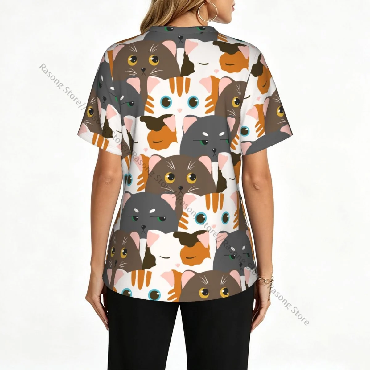 Women's Scrub Tops Short Sleeve Workwear Shirts V Neck Fitness Nursing Uniform Funny Cats Pullover Spa Doctor Nursing Shirt