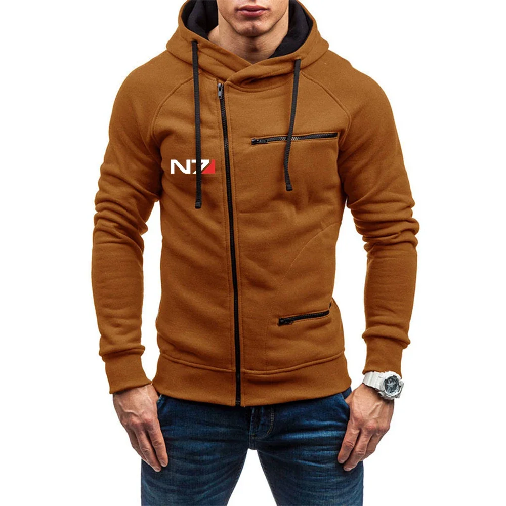 2024 Spring Autumn N7 Mass Effect Logo Printed Oblique Zip Design Hoodies Men's Solid Color Personality Hooded Cardigan Pullover