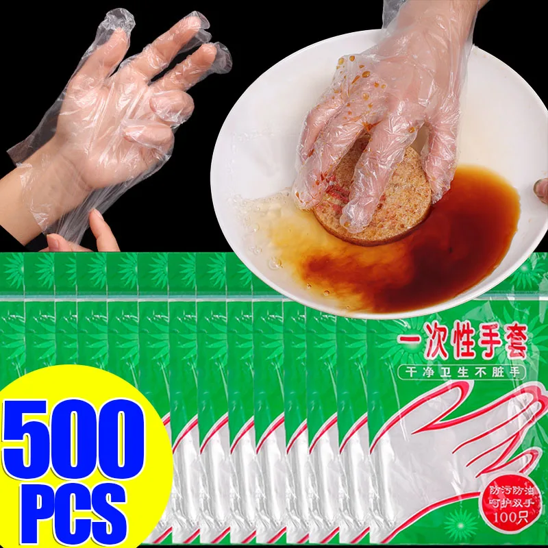 100/500PCS Plastic Disposable Gloves Transparent Food Grade Cooking Gloves Multi-functional Kitchen BBQ Eco-Friendly Tablewares