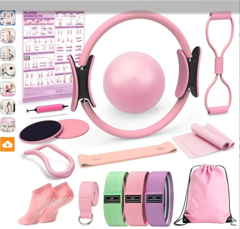YTYIN13 Piece Pilates Set Complete Home Studio Kit With Resistance Bands Ring Ball And Exercise Guide