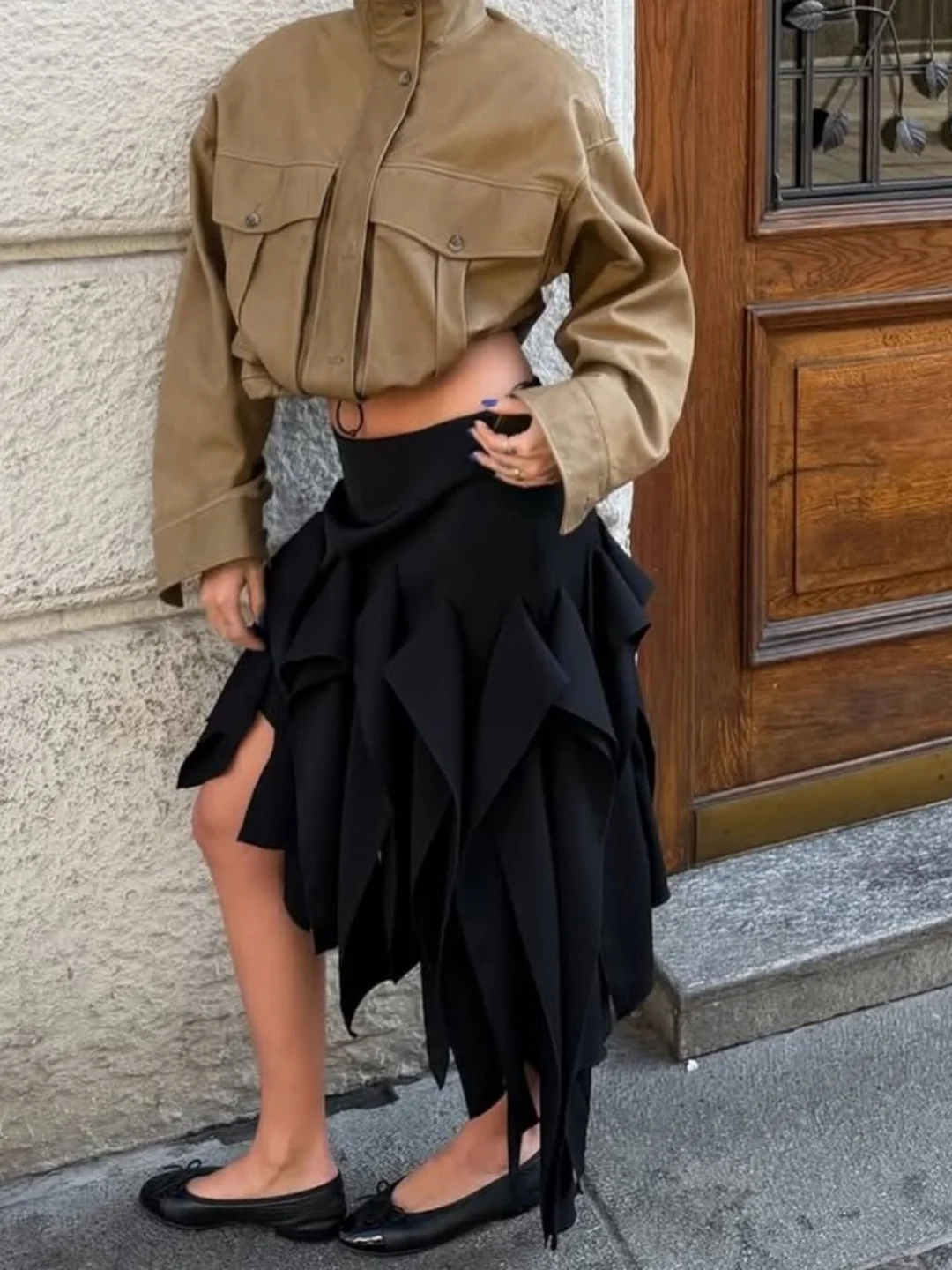 Parisian Corner Retro Design Unique Fashionable Half Skirt Asymmetrical Hem Lace Trim Midi Skirt Women's mid Waist Other Mate...