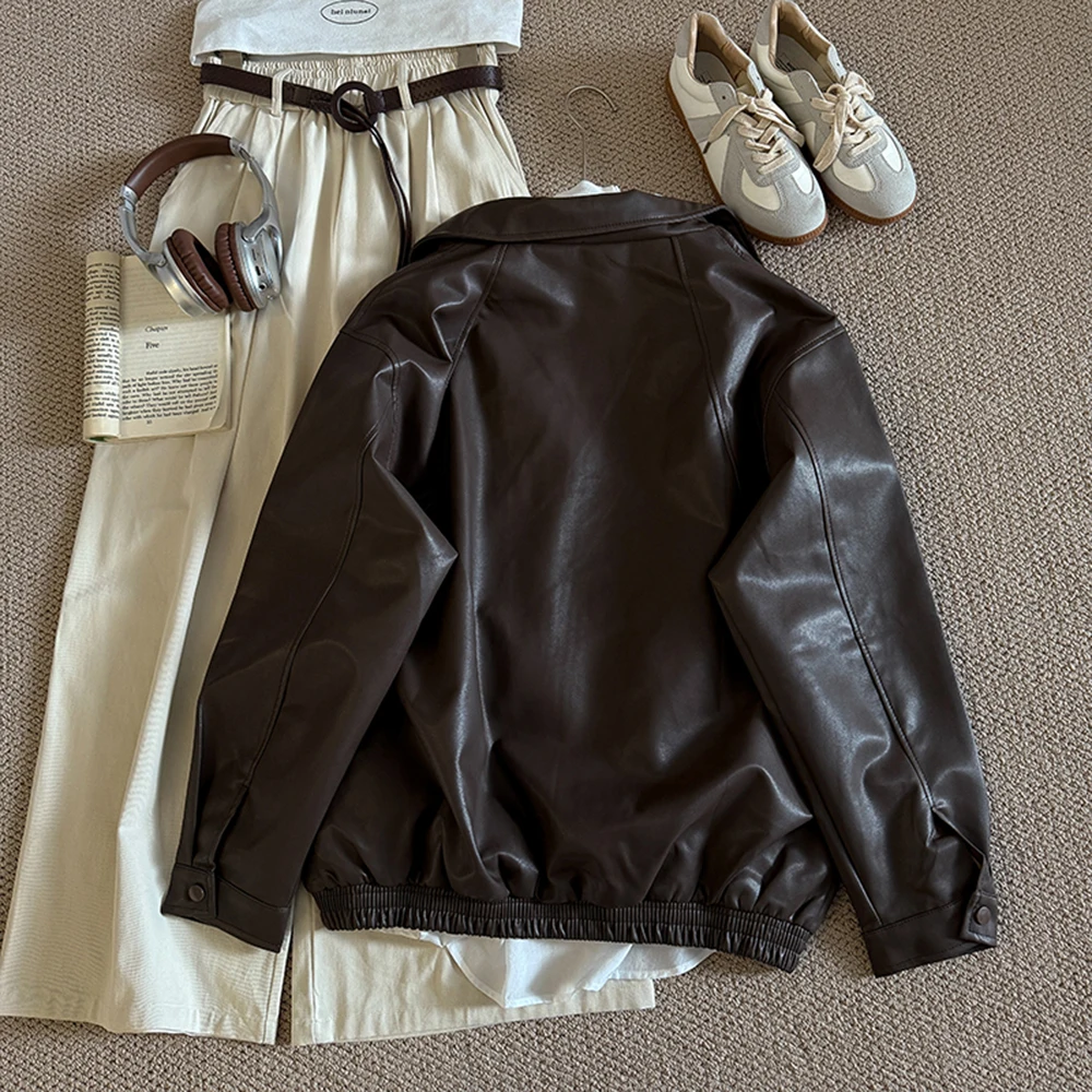 レトロシックPUレザージャケット レディース 2025 春秋 ファッション ラペル 多機能 防風 スイート＆クール BFスタイル 女性用アウター
