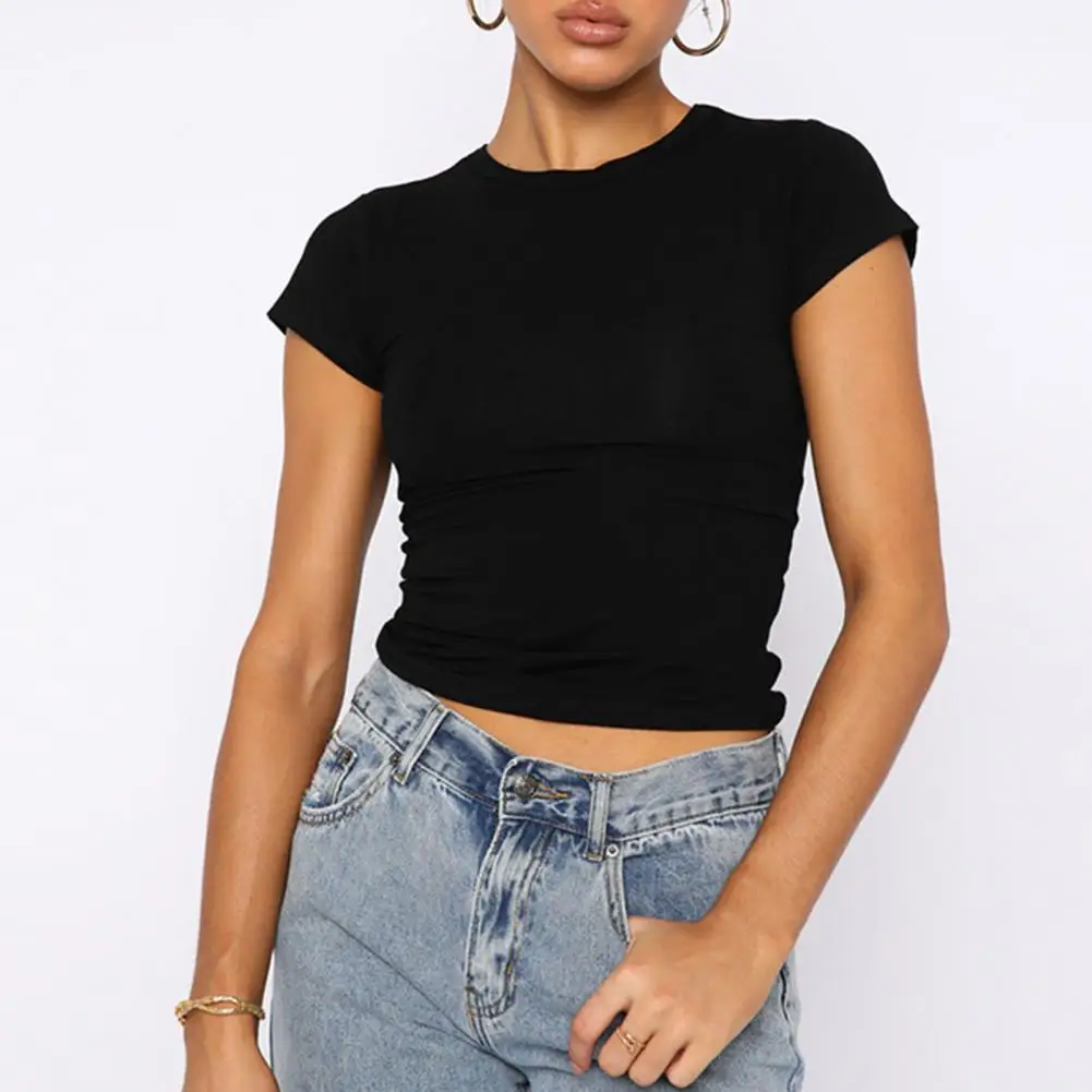 2025 frauen Slim Fit T-shirt Rundhals Kurzarm Pullover Tops Slim Fit Einfarbig T-shirt Streetwear Crop Top Bluse