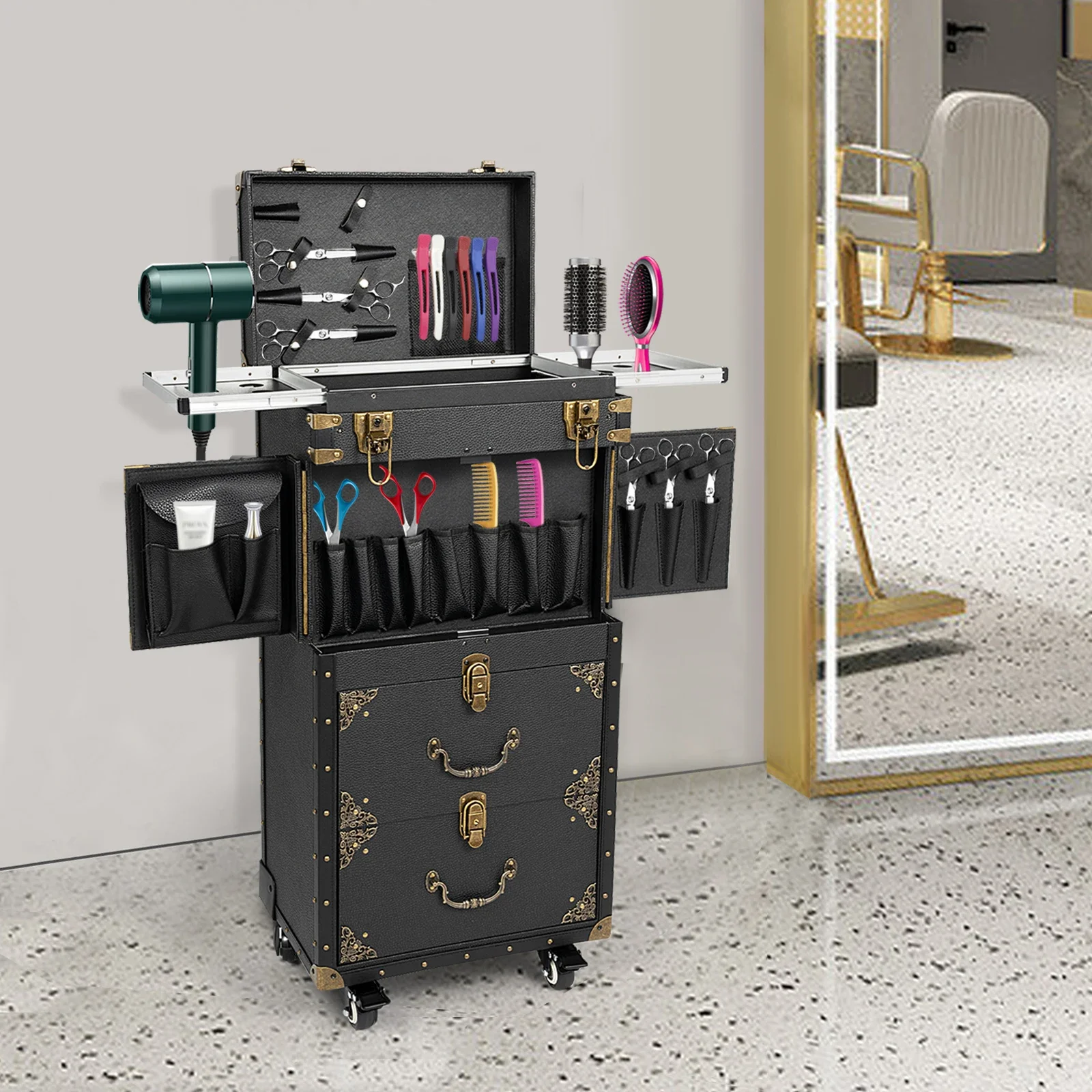 

For Lockable Makeup Train Case Hairdressing Trolley Stylist Beauty Salon Cosmetic Luggage Travel Organizer Tool Box with Hair