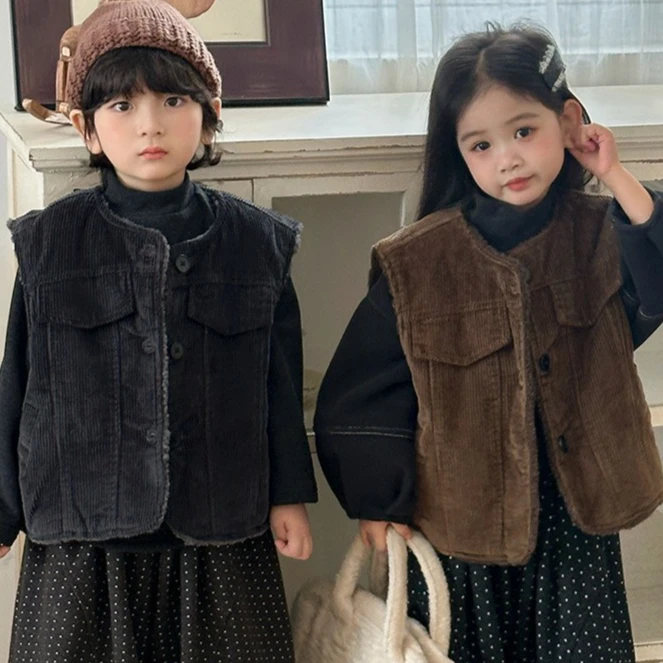 

Waistcoat 2025 Autumn and Winter New Childrens Clothing Korean Style Boys and Girls Fashion Lamb Wool Warm Corduroy Waistcoat