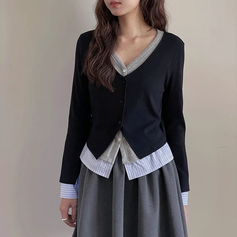 Women Cardigan V-neck Fake Two-piece Contrast Design Single Breasted Knit Comfortable Soft Casual Versatile Long Sleeved Top