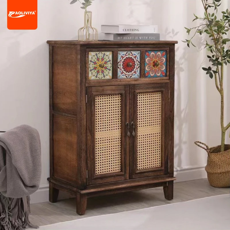 Aoliviya American Retro Solid Wood Sideboard Rattan Storage Cabinet Living Room Equipment Sideboard with Door Chest of Drawers H