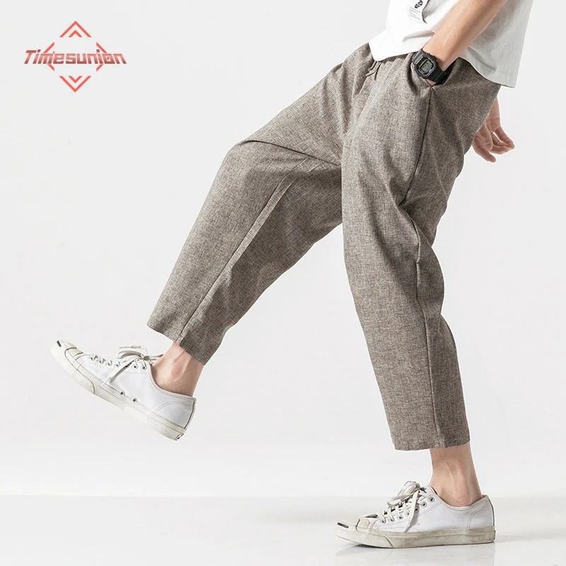 2024 Summer Cotton Linen Pants for Mens Japanese Breathable Loose Casual Pants Thin Elastic Waist Cropped Pants