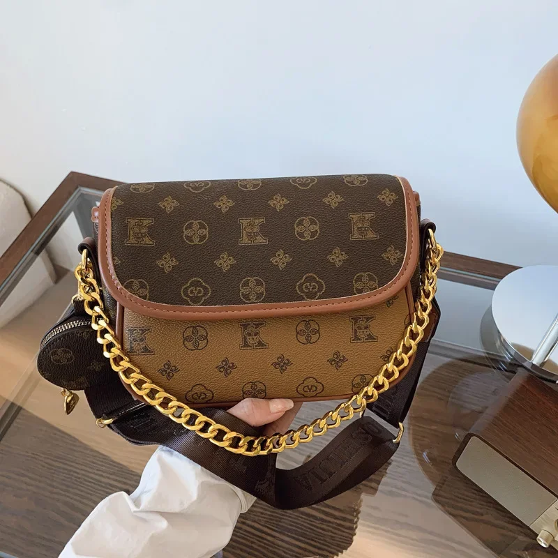 

2025 Новая женская маленькая квадратная сумка премиум-класса с цепочкой - ретро-принт, контрастный цвет, модное плечо/через плечо