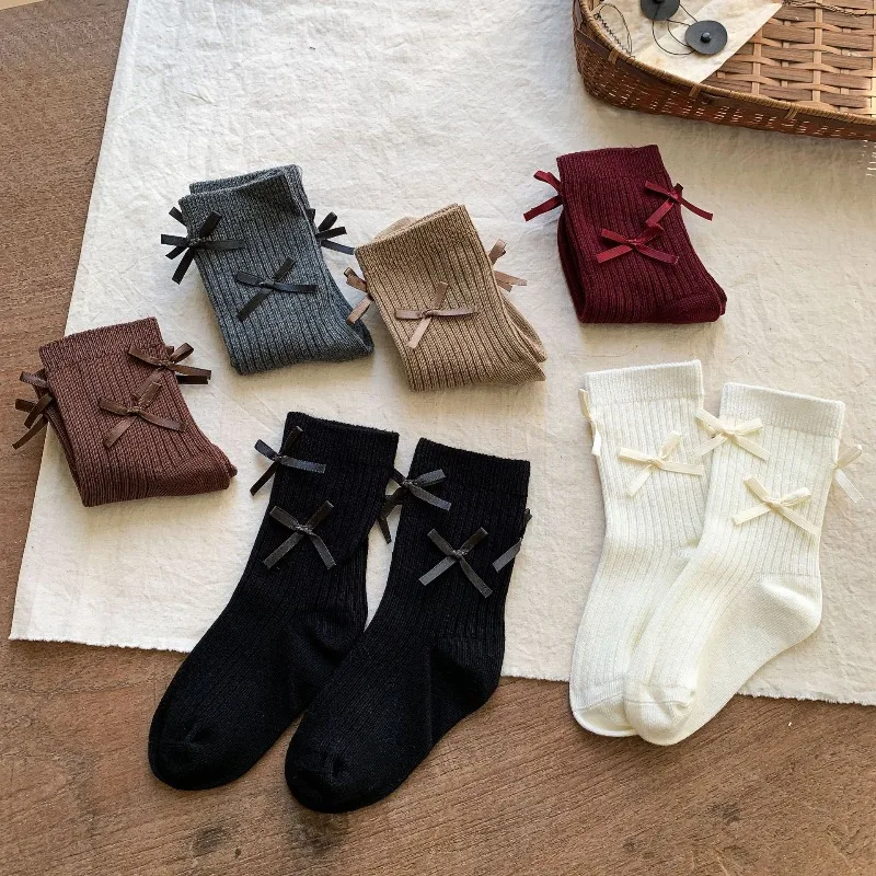 

Винтажные носки до середины икры с бантом для маленьких девочек, милые вязаные носки в стиле Лолиты, разноцветные мягкие удобные повседневные носки F1025