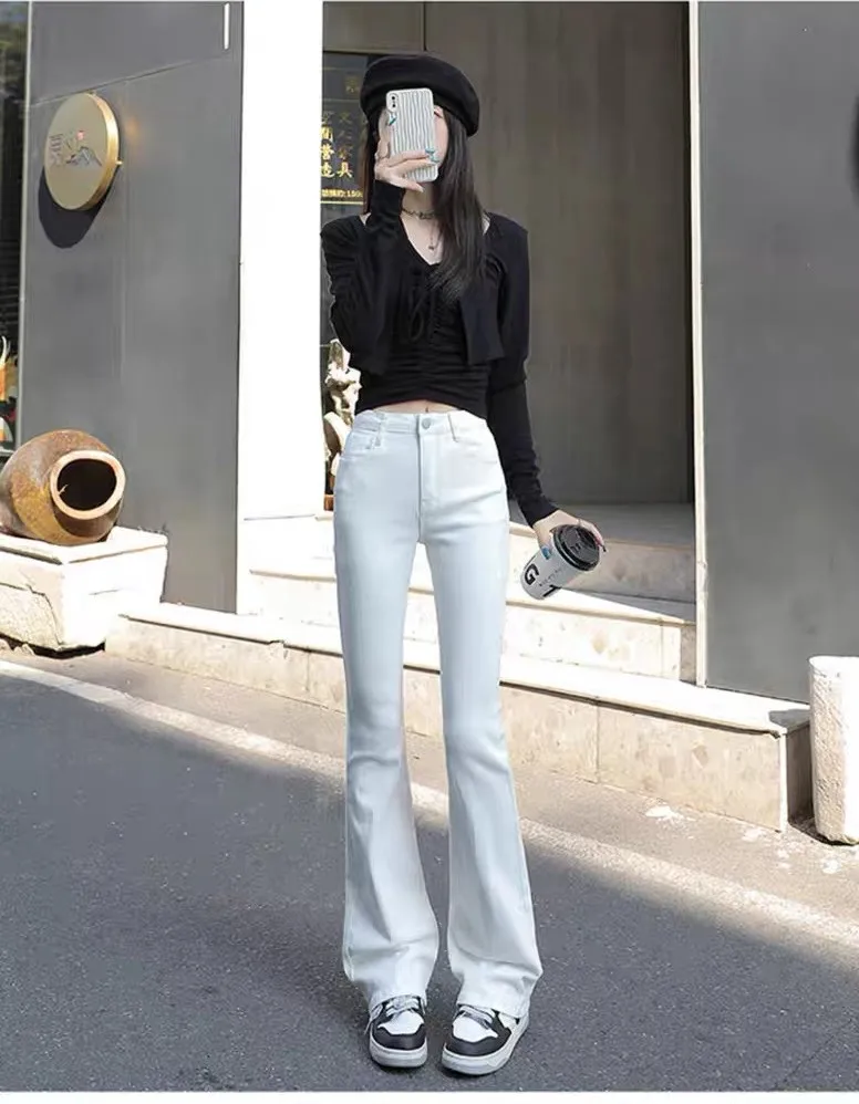 

Женские джинсы Bootcut с низкой талией, женские потертые, полная длина, повседневные, в стиле гранж, женские шоу-ленты, с потертостями спереди, свободные попки, корейские