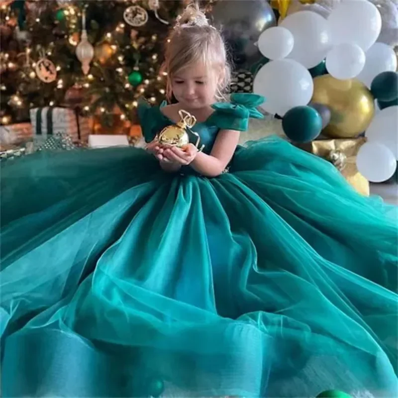 

Elegance Green Flower Girl Dress Fluffy Bow Kids Princess Lace Backless Floor Length Wedding Fold Ruffles Tulle Ball Gown Prom