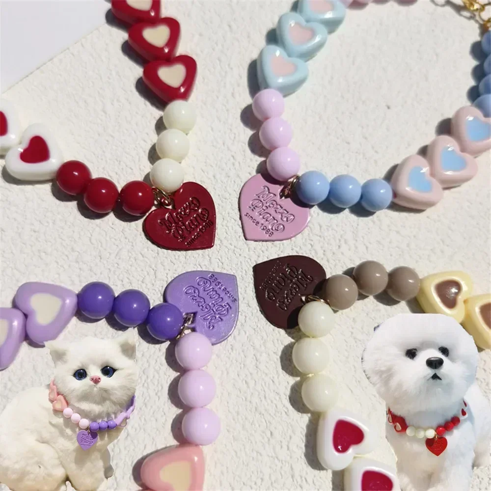 Fashion XS15CM-XL 30cm Size Pet Dog Collar Heart and Colorful Bead Necklace with Heart Pendant Dog Cat Pet Accessories