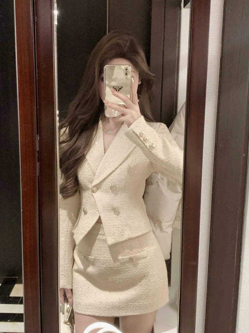 Nuovo piccolo profumo moda sottile abito da donna di fascia alta elegante manica lunga cappotto corto + minigonna tinta unita set a due pezzi