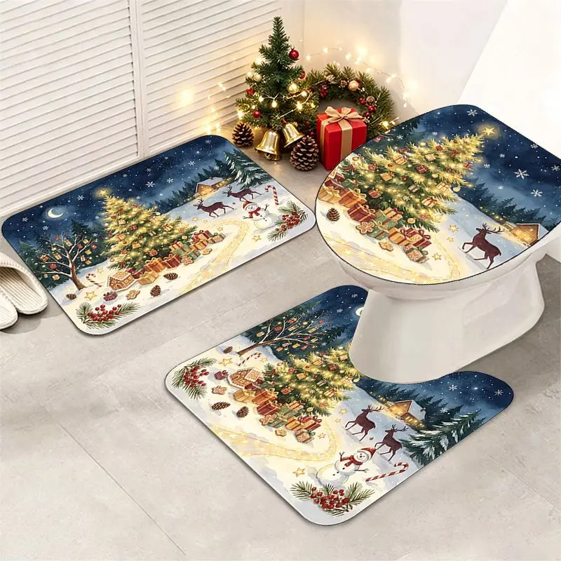 VIKAMA Christmas Toilet Mat Set 3 Piece Gingerbread Snow Scene U Shape Toilet Seat Cover Bathroom Rug Non Slip Holiday Decor