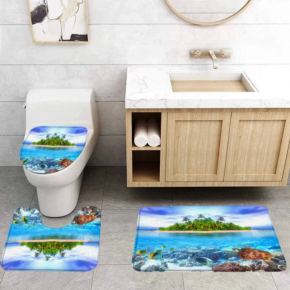 3D Printed Sea Animal Bath Mat Set Sea World Dolphin Pattern Bathtub Decoration Seawater Landscape Bathroom Decoration