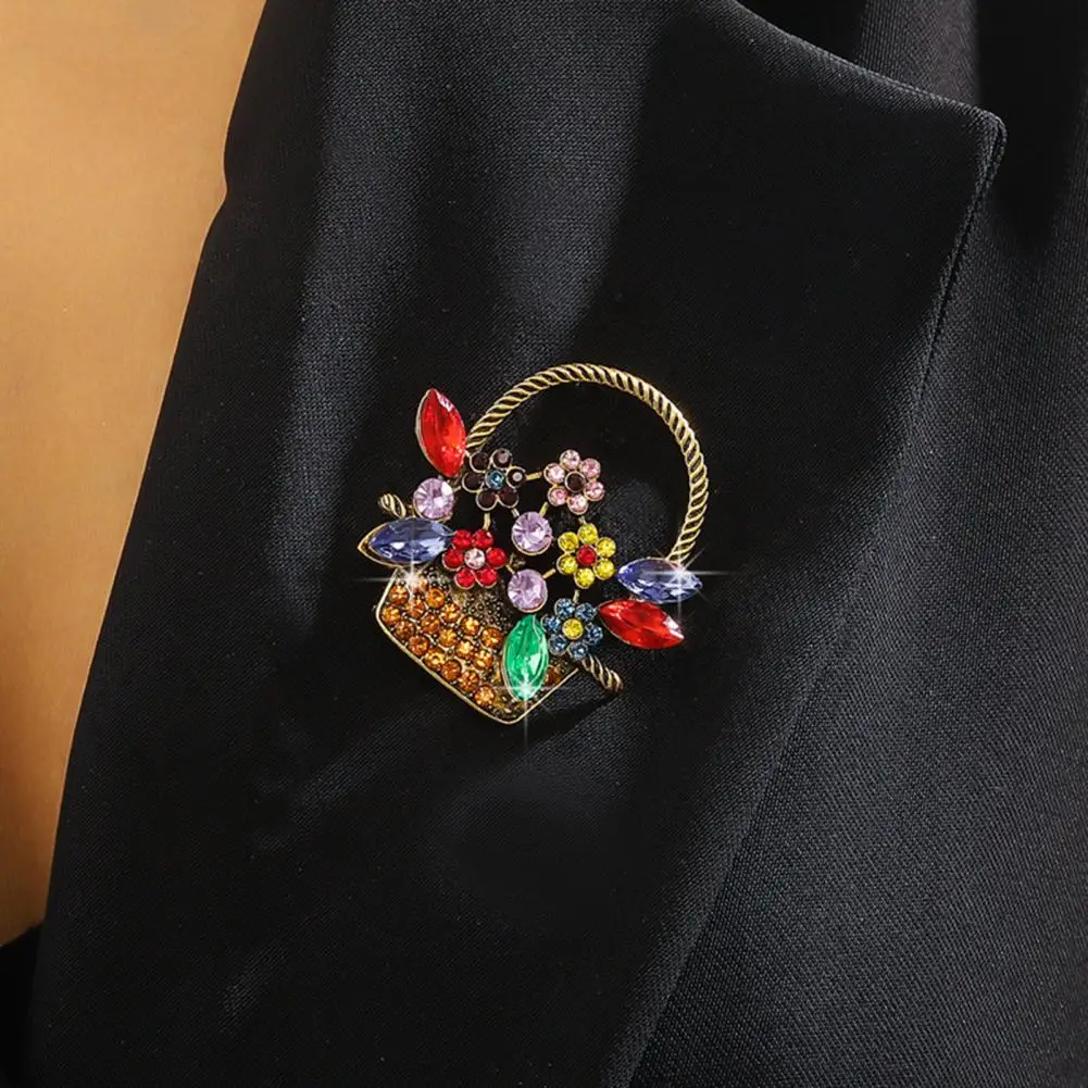 Flower Basket Brooch Hollow Out Colorful Rhinestone Flower Leaf Pin Retro Suit Coat Collar Hat Scarf Clothes Pin Party Jewelry