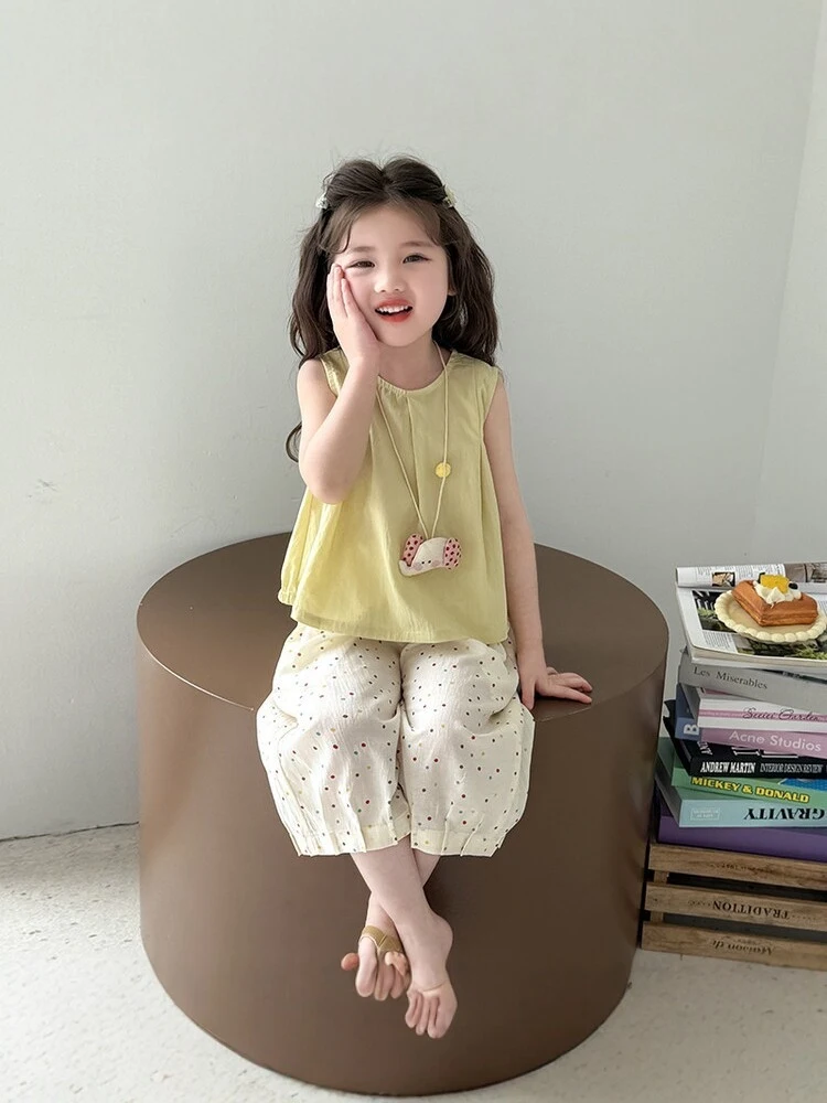 

Girls' Summer New Korean Style Sleeveless Vest Set with Polka Dot Wide-Leg Pants Two-Piece Thin Casual Trendy Outfit