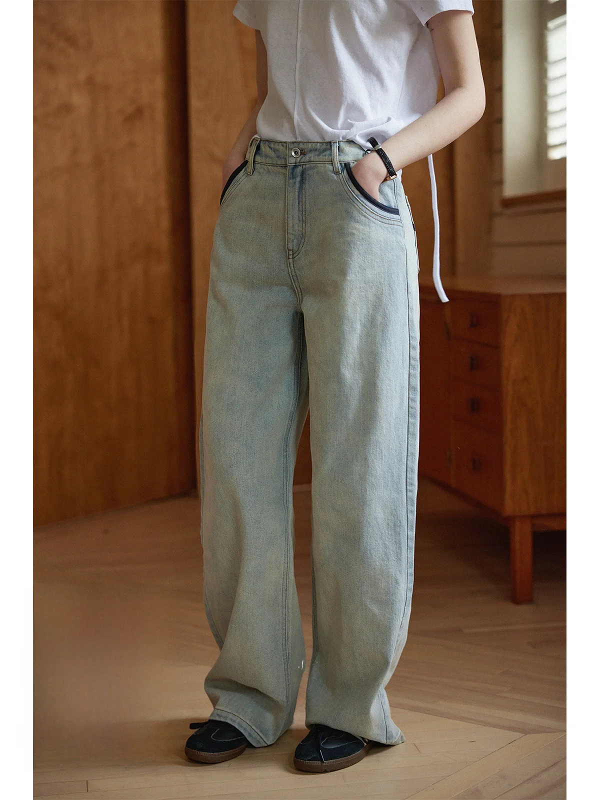 

Ретро выцветшие ферментные широкие джинсы с широкими штанинами, весна 2024, повседневные длинные брюки с талией и цветными цветами Blo