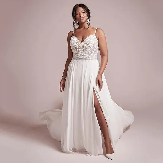 

Boho Wedding Dress For Women V-Neck Spaghetti Straps Sweetheart Pearl Lace Bridal Gown Backless Split vestidos de novia Chiffon