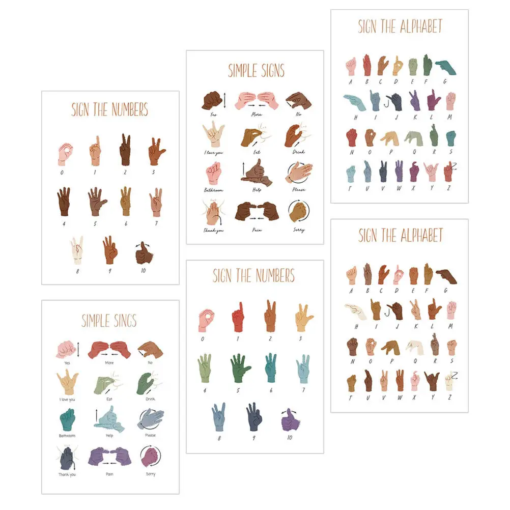 6Pcs Sign Language Education Posters Canvas Classroom Alphabet Numbers Chart Kids Learning Teaching Wall Decor