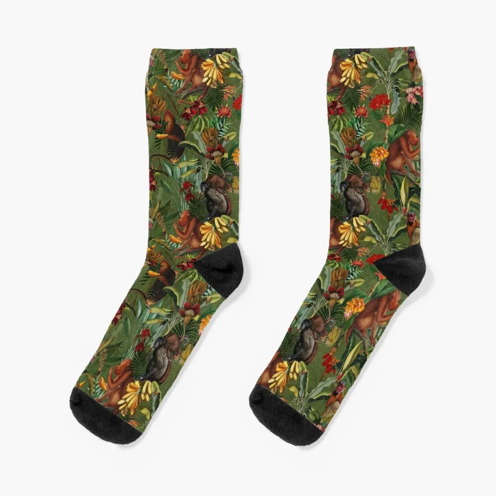 Tropical monkey jungle pattern - dark green Socks golf soccer anti-slip Boy Socks Women's