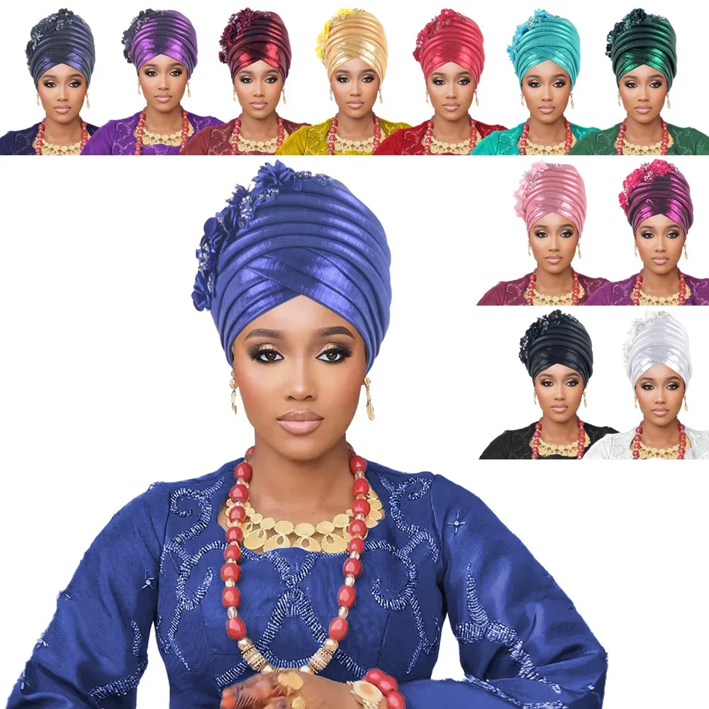 

2025 Flower Turban Cap for Women Auto Gele Headtie African Lady's Head Wraps Nigeria Female Headgear Muslim Hat Turbante Mujer