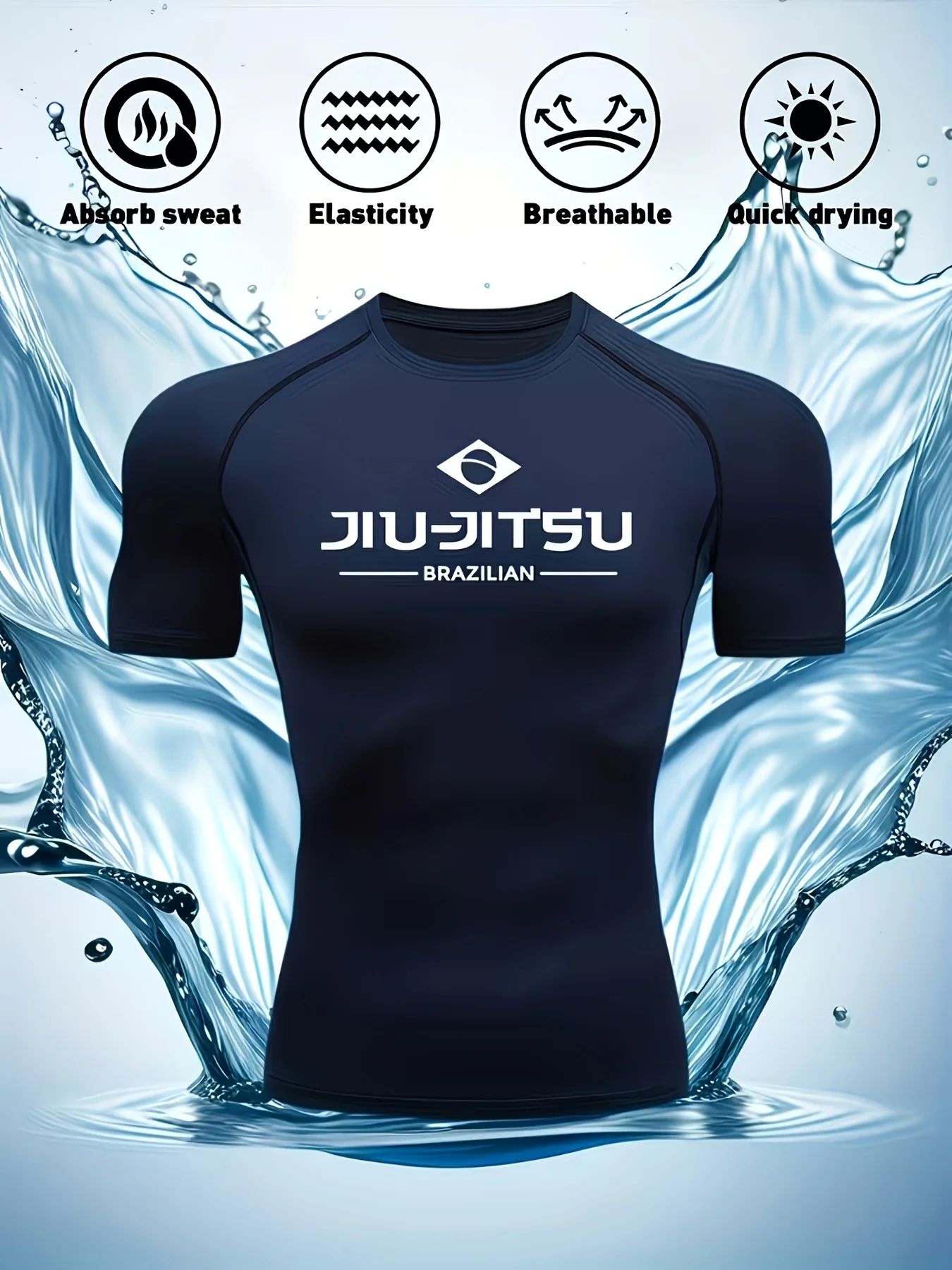 Men's Quick-Dry Compression Shirt Jiu-Jitsu Logo Print High-Elasticity Moisture-Wicking Training Top Breathable Suitable for MMA