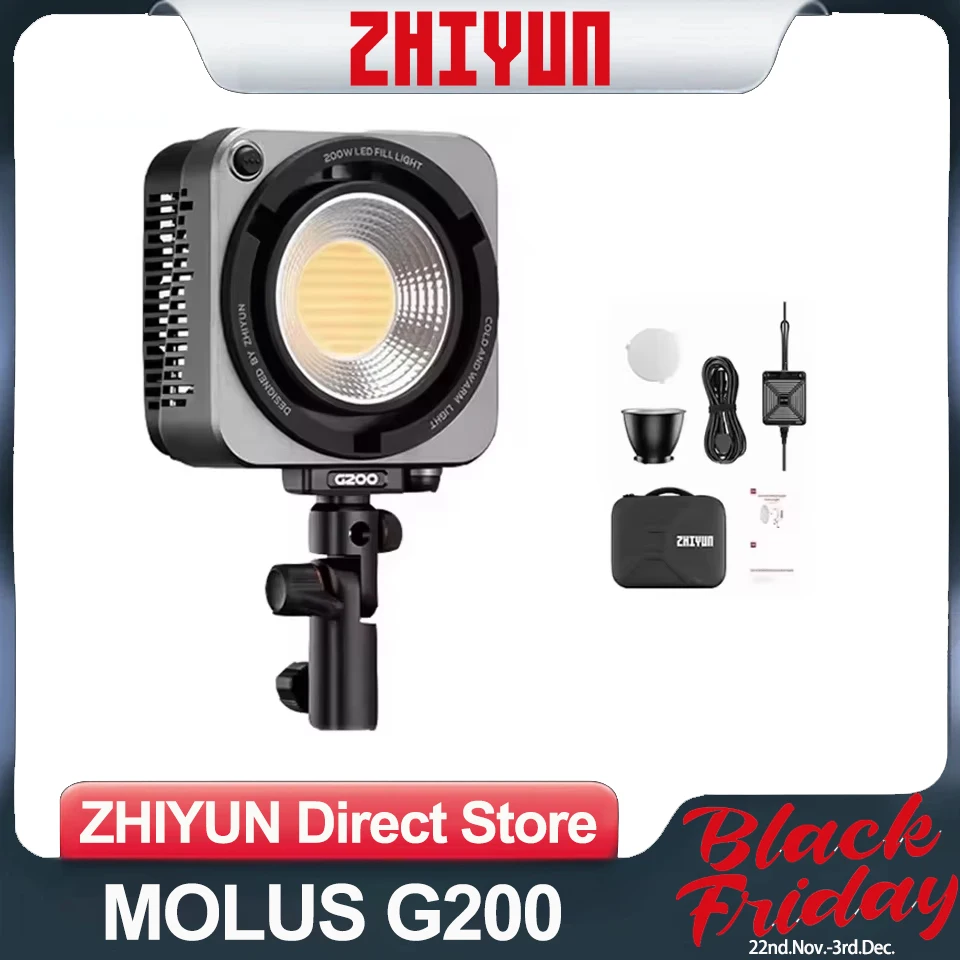 ZHIYUN MOLUS G200 APP Controls 200W and 300W LED Camera Lighting 2700K-6500K Fill Light  for Outdoor Shooting and Studios