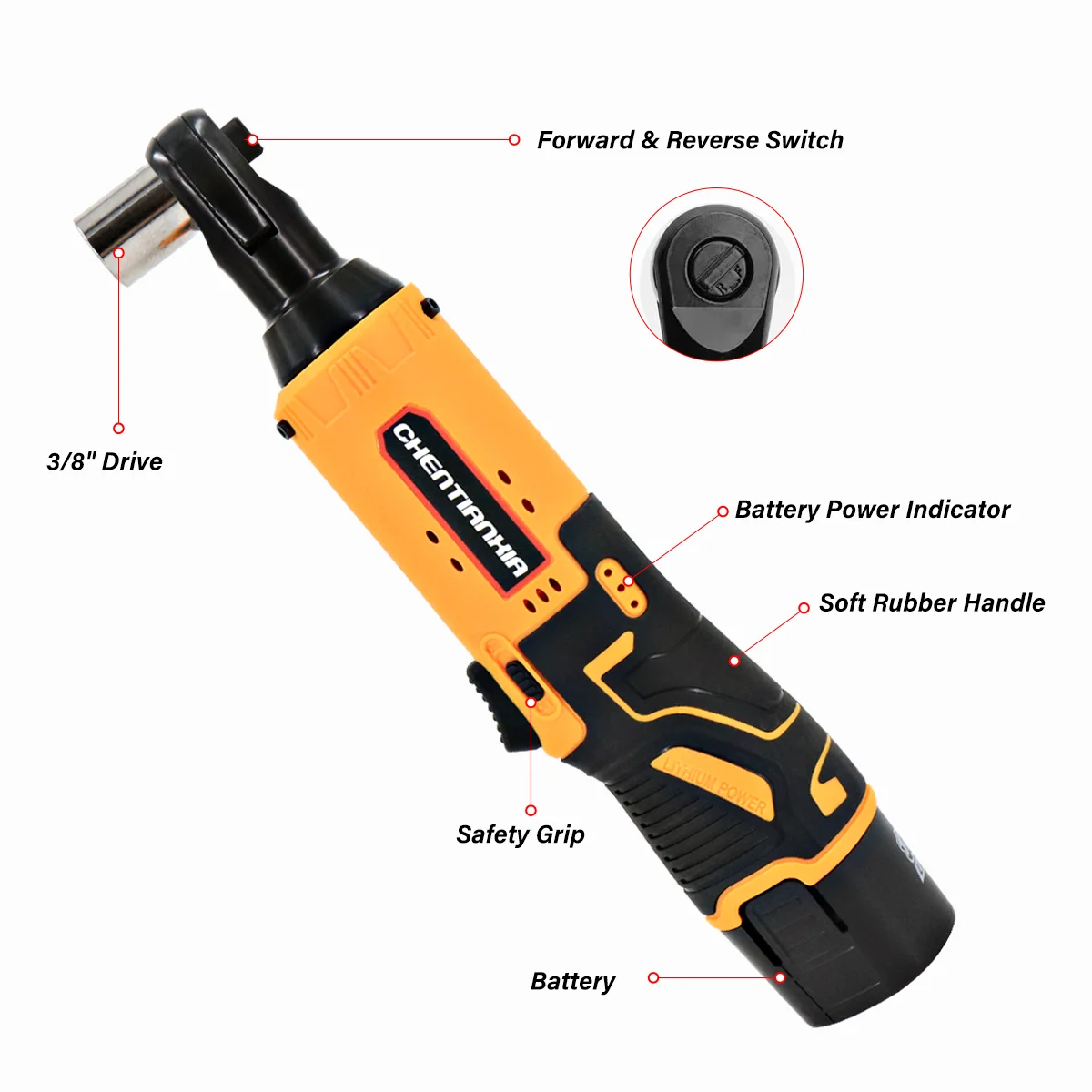 380Nm Electric Cordless Right Ratchet 3/8'' 90 Angle Wrench Power 2x Battery Kit
