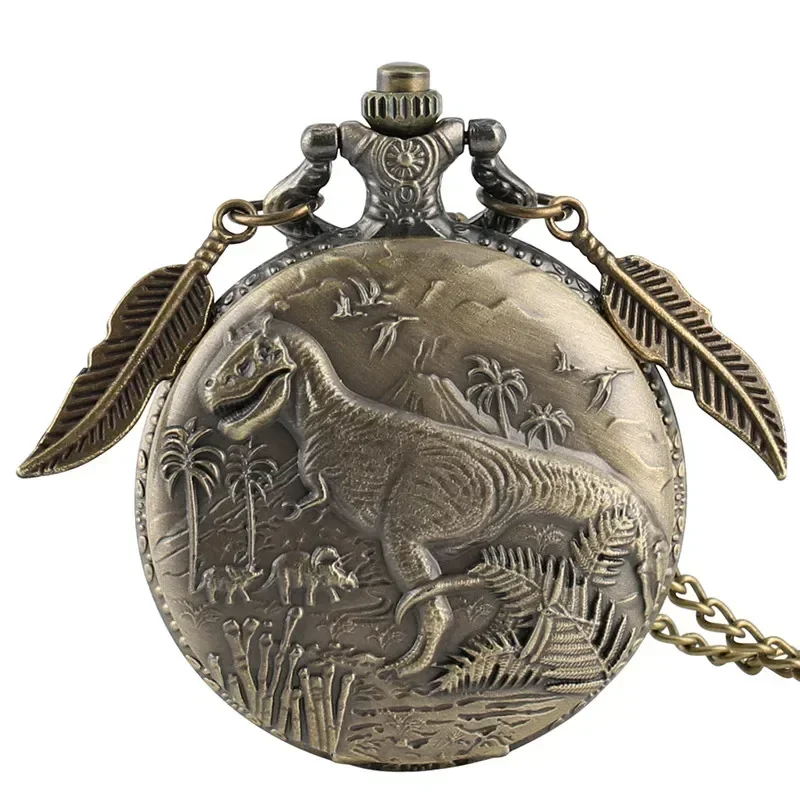 Steampunk Bronze Dinosaur Pattern Men Women Quartz Pocket Watch Arabic Number Clock Necklace Chain with Pendant Leaf Timepiece