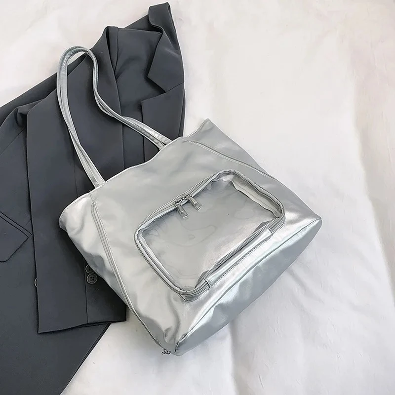 Womens PU Solid Tote Bag See-Through Zipper Panel Adjustable Shoulder Strap Convertible Backpack Mode Roomy Carryall Work Commut