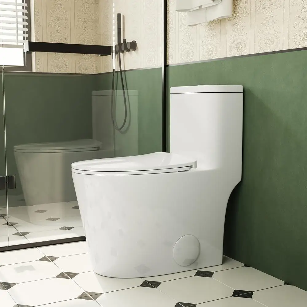

Comfort Height Elongated One Piece Toilet 1.1/1.6 GPF WaterSense CUPC Ceramic White Skirted Toilet Soft Close Seat