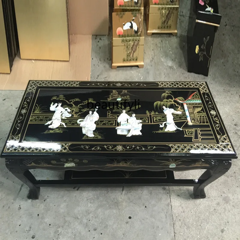 

Craft shell coffee table two-layer coffee table countertop glass hand-painted classical Ming and Qing Dynasties