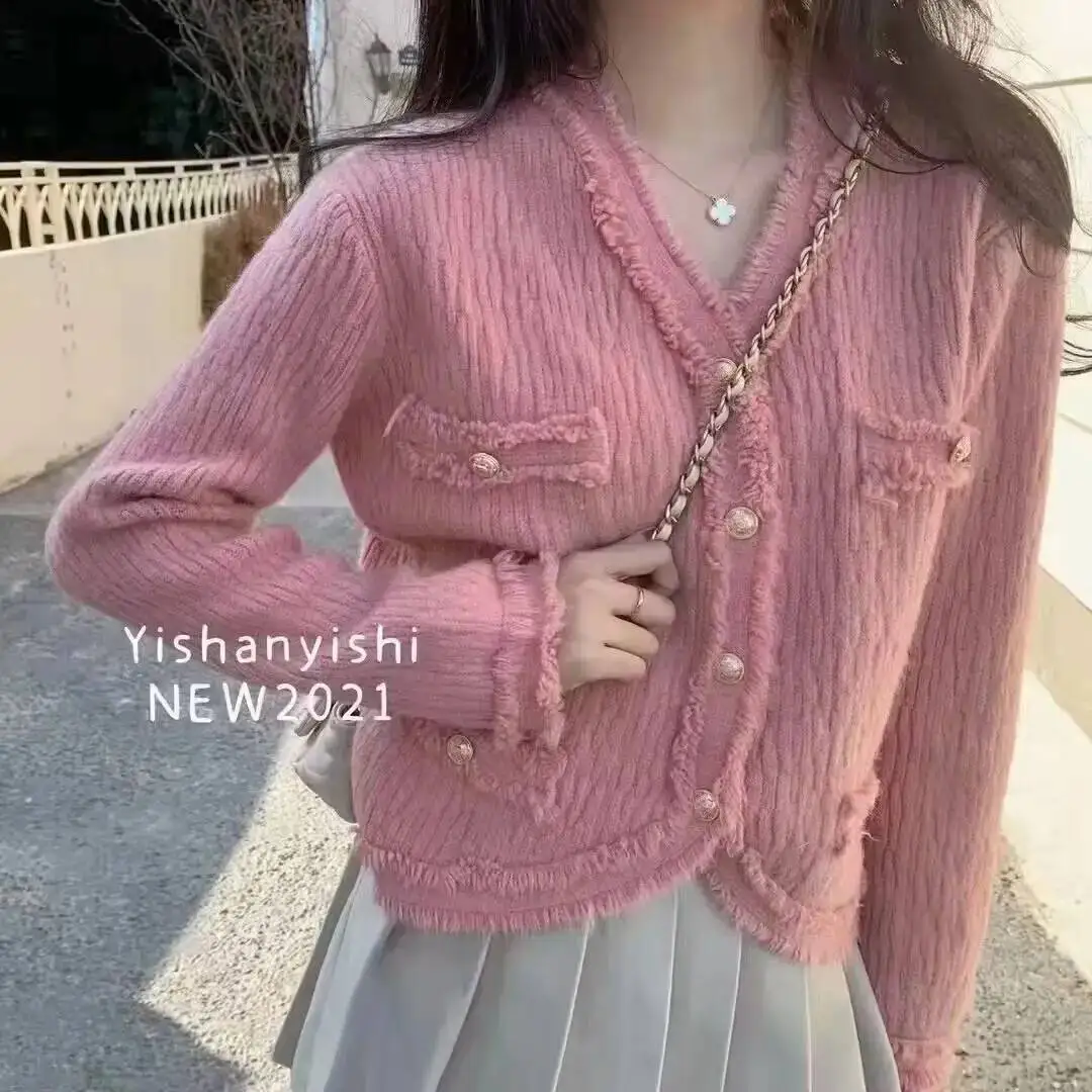 

Осенний новый женский маленький ароматный ветровой вязаный короткий кардиган с длинными рукавами и длинными рукавами, весенний удобный однотонный универсальный топ