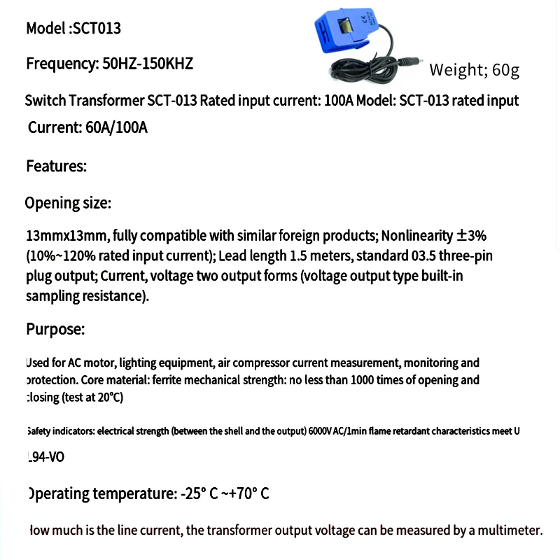 SCT-013-000 10A 30A 50A 100A Open-Close Current Transformer SCT013 Non-invasive AC Current Sensor Split Core Current Transformer