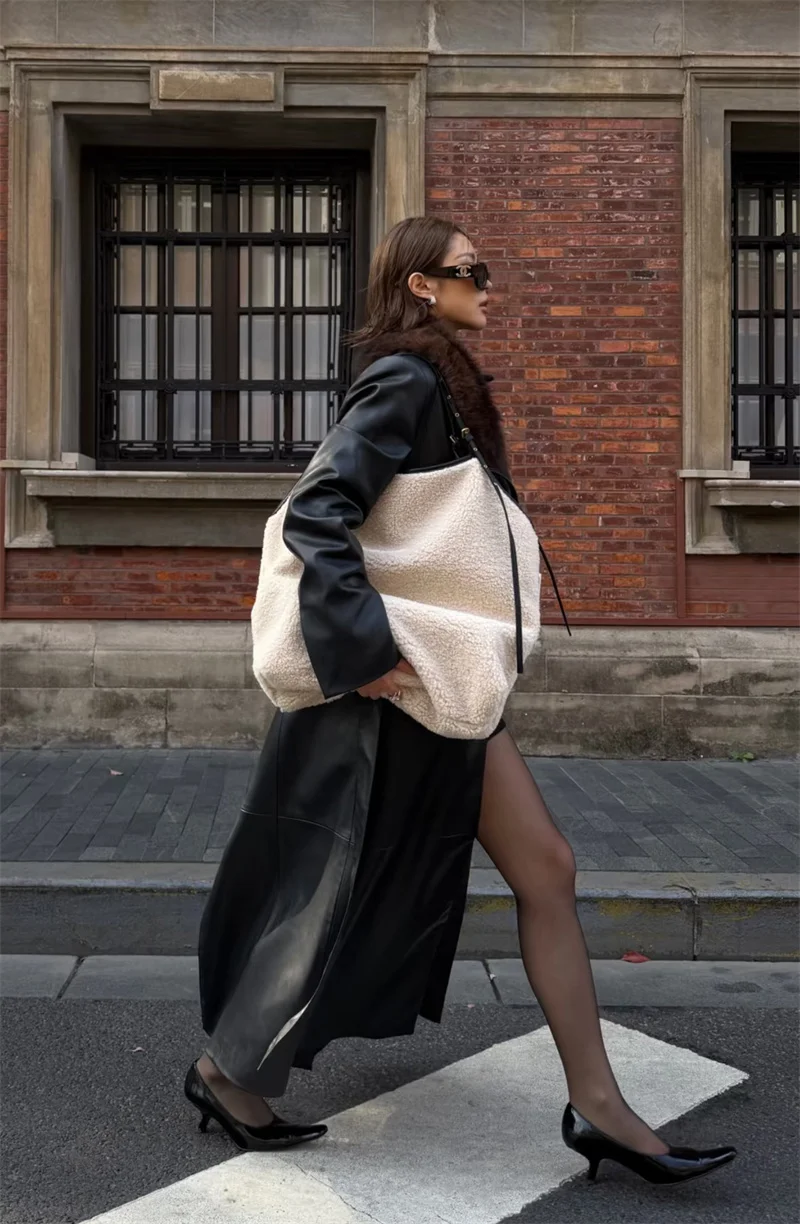 Women's Coat 2025 Autumn New Black Long-Sleeve Faux Fur Collar Detachable Leather Trench Coat Stylish and Fashionable