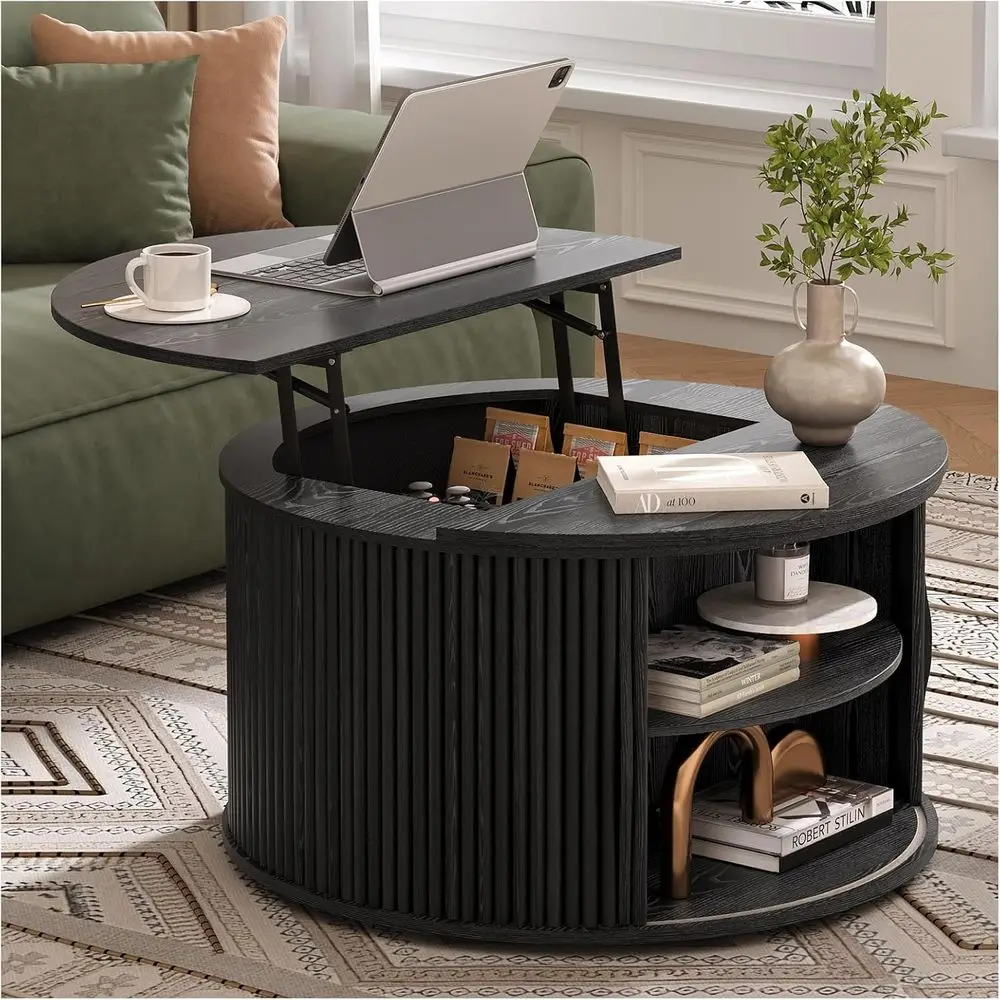 

Illuminated Top Drum Coffee Table with Sliding Door, Multifunctional for Living Room, Black