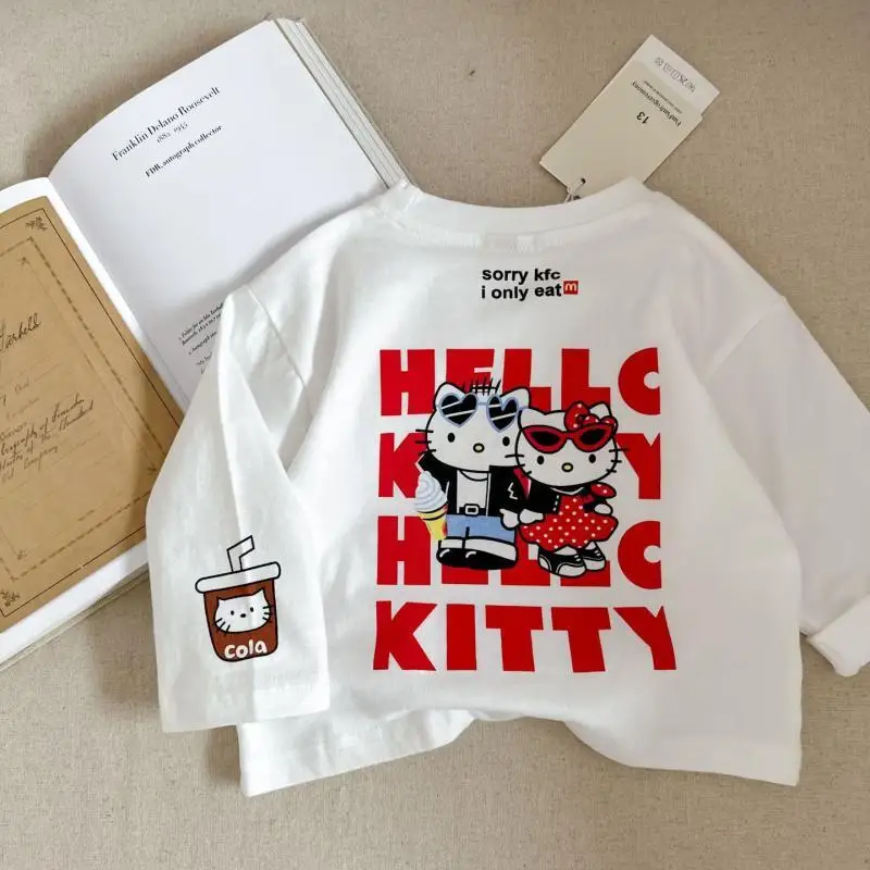 سانريو كورومي أنيمي فتاة القطن الخالص تي شيرت طويل الأكمام ملابس الأطفال الصبي الطفل سترة كيتي القط الخريف قاعدة قميص 2025
