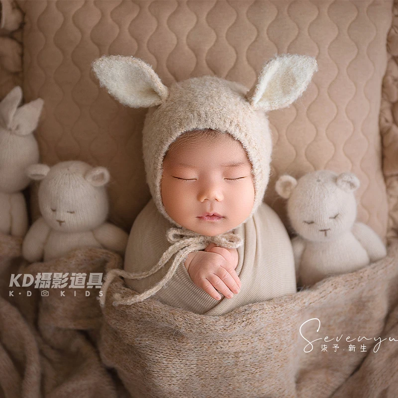 Newborn Photography Props 0-1Month Baby Ultra Soft Knit Hat and Match Cute Bear Doll 2pcs/Set Infants Photoshoot Accessories