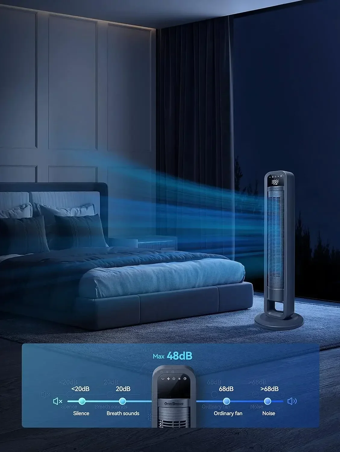 Home.Digital Electric Tower Fan, Inner Oscillation with Remote Control, LED Display, Standing Bladeless Floor Fans Cooling