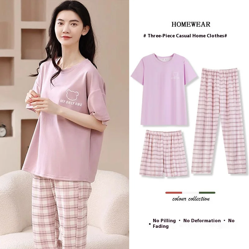 New Three-Piece Pajamas Homewear Women Cotton Spring and Summer Sweet Girl Department of Short-Sleeved Simple Leisure Homewear